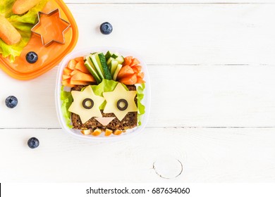 School Lunch Box For Kids On White Wooden Background. Back To School. Top View, Flat Lay, Copy Space