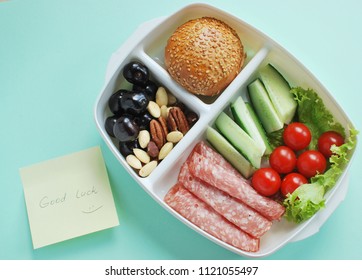 School Lunch Box With Note. Healthy Snacks In Lunchbox.