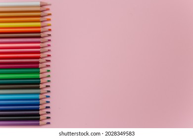 School multicolored  pencils 24 colors isolated on colorful pink background. Minimal concept art. Education, creativity and school supplies