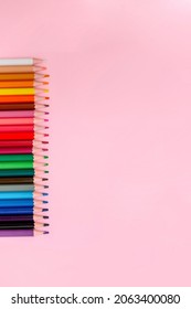 School multicolored  pencils 24 colors isolated on colorful pink background. Minimal concept art. Education, creativity and school supplies. Vertical picture