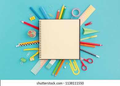 School notebook and various stationery. Back to school concept. - Shutterstock ID 1138111550