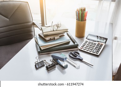 School And Office Stationary On White Desk In Office