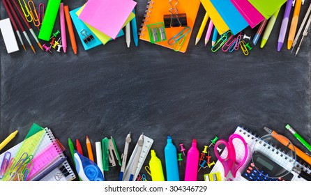 School And Office Supplies Double Border On Blackboard
