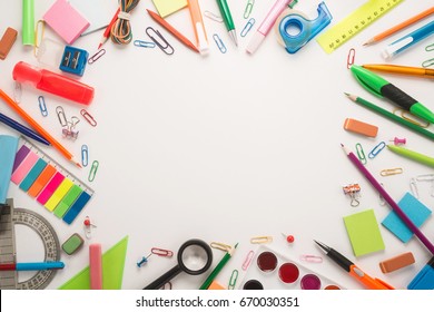 School office supplies on a white background