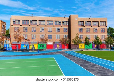 School With Playing Field In The Bronx, New York City