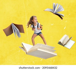 School Preparation. Contemporary Art Collage Of Child, Girl Flying, Surfing On Open Book Isolated Over Yellow Background. Concept Of Education, Childhood, Discovery, Artwork, Inspiration And Ad