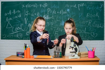 School Project Investigation. School Experiment. Science Concept. Gymnasium Students With In Depth Study Of Natural Sciences. Girls School Uniform Busy With Proving Their Hypothesis. Private School.