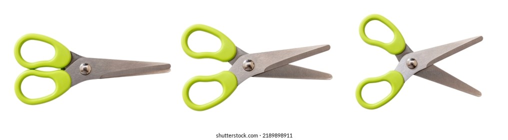 School scissors closed open and wide open, green plastic handle isolated on white. Kids creativity safe tool top view - Powered by Shutterstock