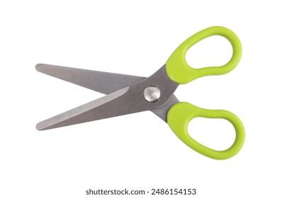 School scissors open, green handle isolated on white, transparent 