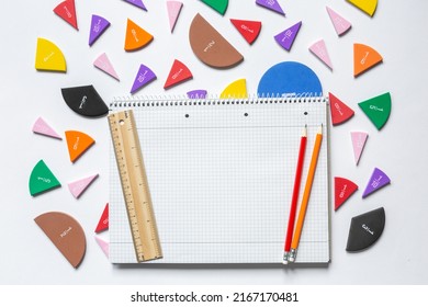 School Set. School Supplies, Open Notepad, Rulers, Fractions On A White Background. Interesting, Fun Math For Kids. Education, Back To School Concept