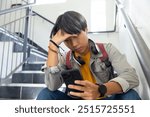 At school, Sitting on stairs, asian teenage boy with headphones using smartphone, looking stressed. Technology, studying, education, youth, mobile, digital