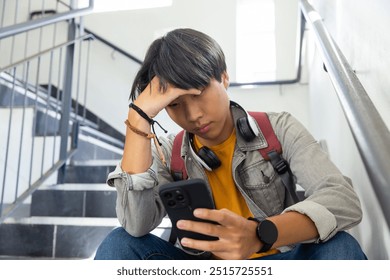 At school, Sitting on stairs, asian teenage boy with headphones using smartphone, looking stressed. Technology, studying, education, youth, mobile, digital - Powered by Shutterstock