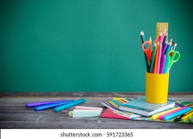 School Stationary On Wooden Table