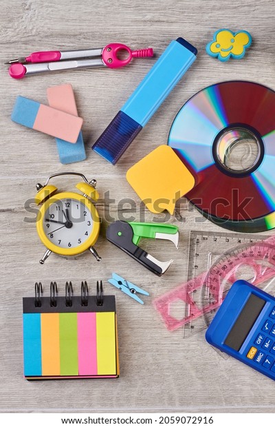 School stationery background. Instruments for\
work or education.