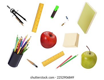 School stationery items isolated on white background. School supplies cut out. Pen, pencils, notebook, brush, ruler, apple. 3D rendering