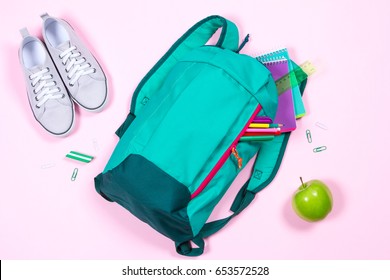 School Stationery On Pink Background With Copy Space. Flat Lay