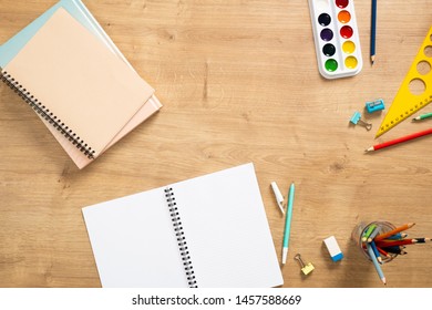 School Stationery On Wooden Background. Flat Lay, Top View. Back To School Concept.