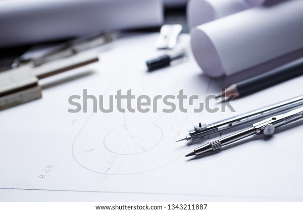 School\
stationery for the student. Back to school. industrial drawing\
detail and several drawing tools. selective\
focus