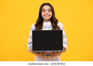 School Student Using Laptop. E-learning And Online Education. Screen Of Laptop Computer With Copyspace Mockup. Teen Girl On Internet Video Chat Isolated On Isoalted Studio Background.