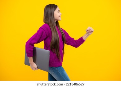 School Student Using Laptop. E-learning And Online Education. Teen Girl On Internet Video Chat Isolated On Isoalted Studio Background.