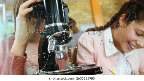 In school, students using microscope and laughing, enjoying science class activities. Education, laboratory, biology, experiment, exploration, teamwork