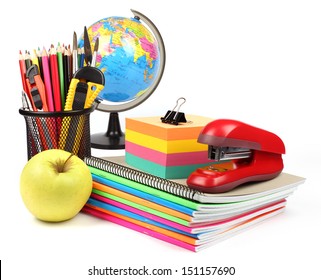 School supplies and accessories: globe, notebook stack, pencils, isolated on white background. Back to school concept. - Powered by Shutterstock