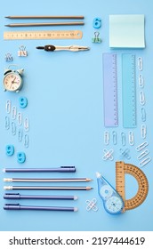 School Supplies Accessories Stationery On Blue Background, Flat Lay, Top View. Education Stationary Stuff Store Sale Discounts. Back To School Concept. Geometric Flatlay From Above. Copy Space