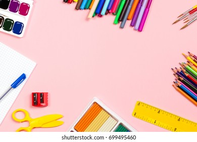 School supplies arrangement. Back to school concept, copy space