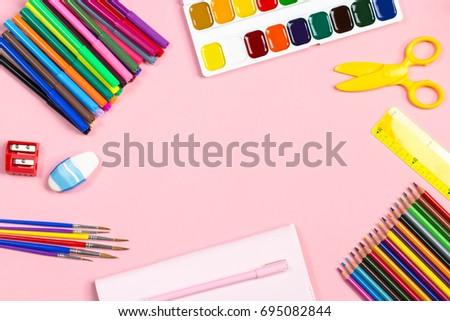 School supplies arrangement. Back to school concept, copy space