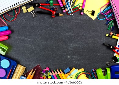 School Supplies Frame On A Chalkboard Background
