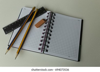 School Supplies. No People. Writing Instrument On Spiral Bound Notepad