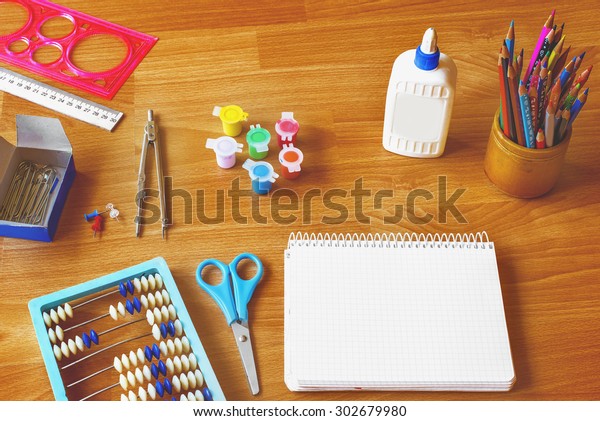 School Supplies Notebook Scissors Pencils Dividers Stock Photo