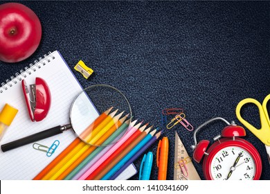 School Supplies On Black Board Background Stock Photo 1410341609 ...