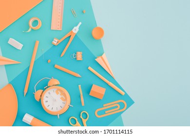 School supplies on blue background. Back to school. Flat lay.