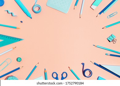 School Supplies On A Pink Background. Back To School Creative Flat Lay.