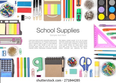 school supplies on white background top view