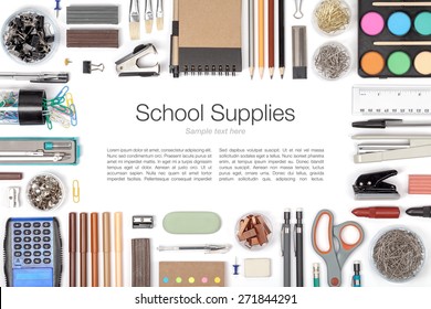 School Supplies On White Background Top View