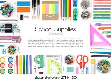 School Supplies On White Background Top View