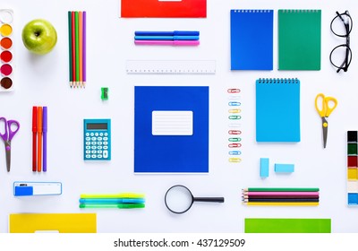 School Supplies On A White Background. Flat Lay, Top View