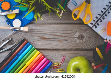 School Supplies On Wooden Table. Close Up