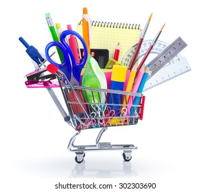 School Supplies In Shopping Cart Isolated On White - Back To School
