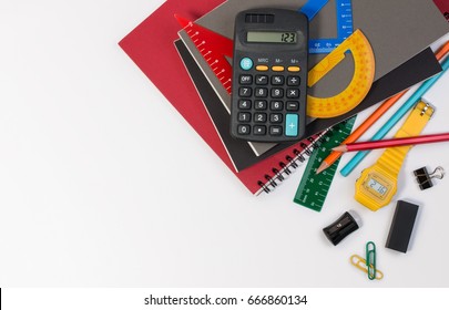 School supplies used in math class, geometry or science. Mathematics geometry tool for student in math class with copy space for text and isolated on white background. Mathematics concept. Top view.