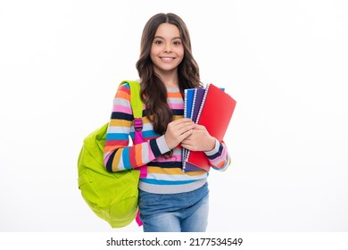 School teenager child girl 12, 13, 14 years old with school bag book and copybook. Teenager schoolgirl student, isolated background. Learning and knowledge. Positive and smiling emotions. - Shutterstock ID 2177534549