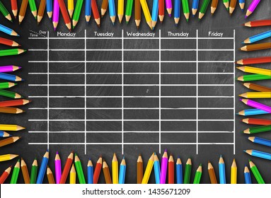 School Timetable Or Class Schedule Template On Blackboard Framed By Colored Pencils