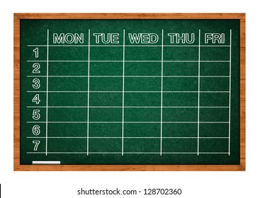 School Timetable On Green Classroom Chalkboard, Class Schedule.
