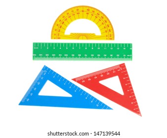 School Tools Triangle, Ruler, Protractor. Close-up.