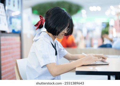 A school uniform and determined eyes show the dedication of an Asian schoolgirl wearing glasses and a red bow tie. She works on a tablet with a lively coffee shop as a quiet backdrop for her studies. - Powered by Shutterstock