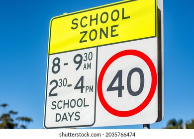 School Zone Road Sign With Speed Limit 40 During Before And After School Hours In NSW, Australia. Road Safety Concept