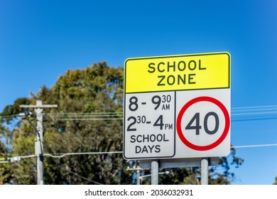 School Zone Road Sign With Speed Limit 40 During Before And After School Hours In NSW, Australia. Road Safety Concept