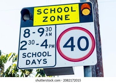 School Zone Road Sign With Speed Limit 40 During Before And After School Hours In NSW, Australia. Road Safety Concept